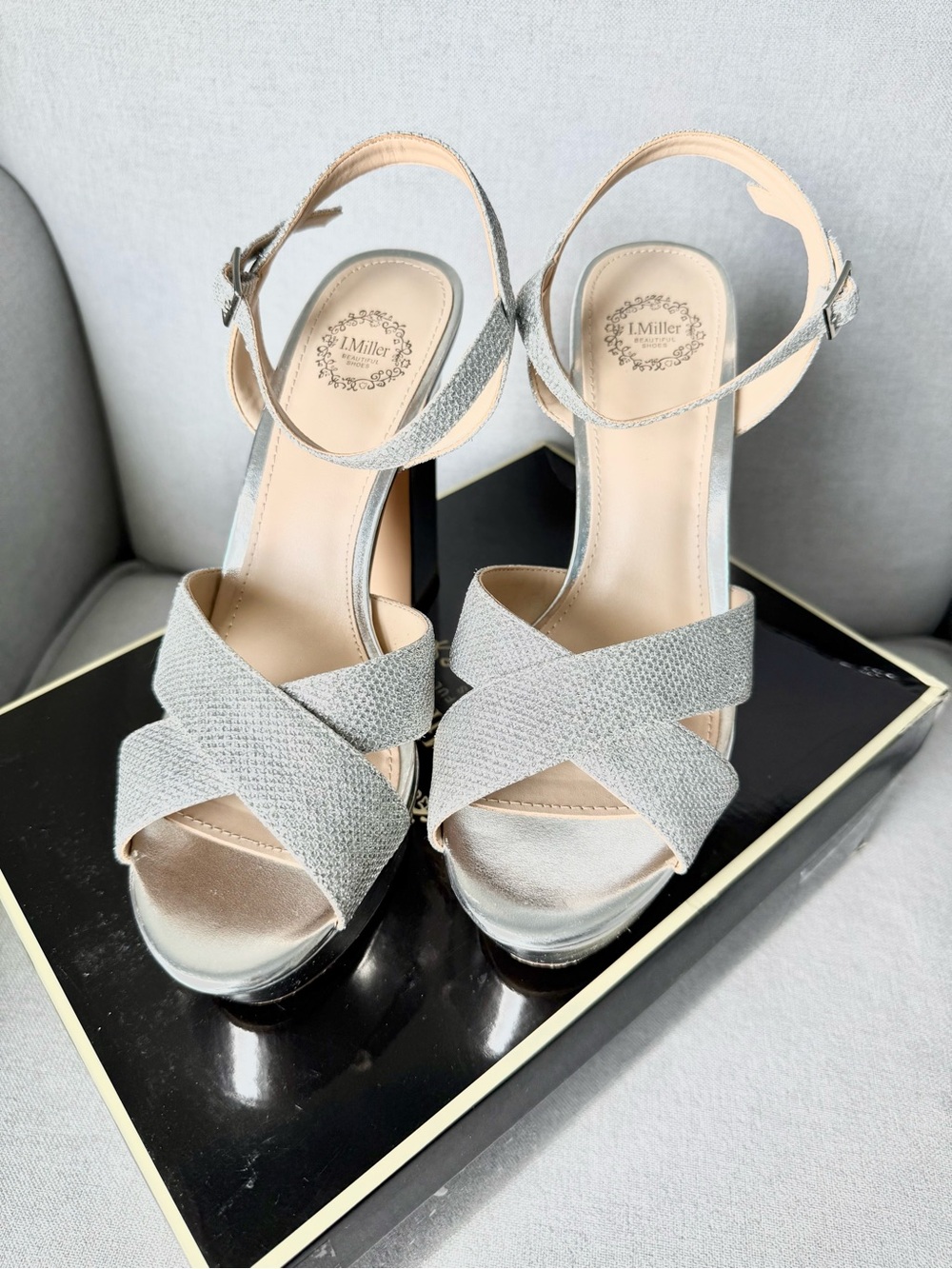 Silver Glitter Platform Sandals with Ankle Strap